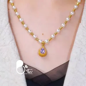 قیمت و خرید گردنبند آماتیست رویال مرواریدی💎سنگ طبیعی + روکش طلا | وارداتی ترک