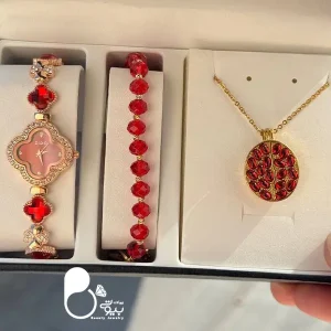 خرید ساعت ون کلیف قرمز با نیمست دانه انار استیل رنگ ثابت و دستبند ویژه یلدا