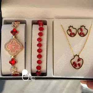 خرید ساعت ون کلیف قرمز با نیمست دانه انار استیل رنگ ثابت و دستبند ویژه یلدا