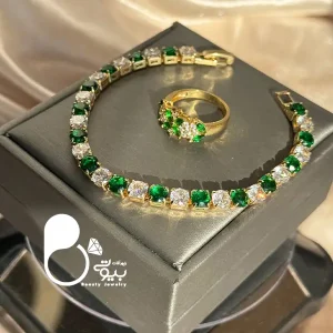 قیمت و خرید دستبند و انگشتر تنیسی زمردی💎استیل روکش طلا، نگین جواهری، کار ترک گرید ۱