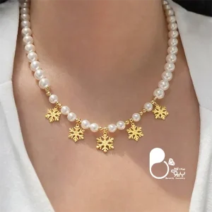 گردنبند برف زمستانی مرواریدی💎استیل روکش طلا وارداتی، اسپرت و خاص