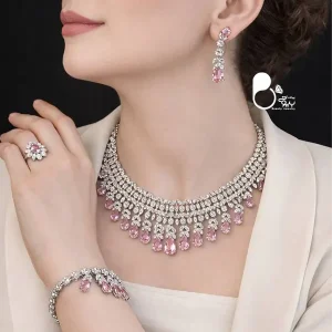 قیمت و خرید سرویس سوپر فول جواهری وارداتی صورتی ضد حساسیت💎نگین اتریشی مخراجی | مخصوص عروس و استایل اروپایی