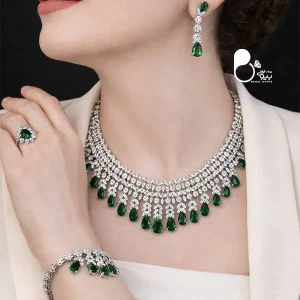 قیمت و خرید سرویس سوپر فول جواهری وارداتی زمردی ضد حساسیت💎نگین اتریشی مخراجی | مخصوص عروس و استایل اروپایی