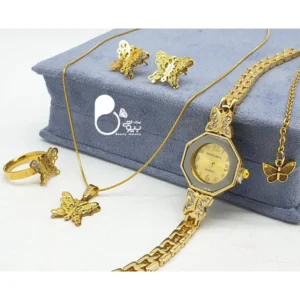 ست کامل ساعت طرح پروانه با تخفیف💎به همراه آویز ساعت، نیمست و انگشتر