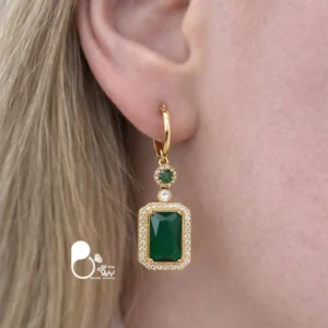 گوشواره حلقه ای طرح زمرد💎گوشواره نگین اتریشی زمردی رنگ روکش طلا