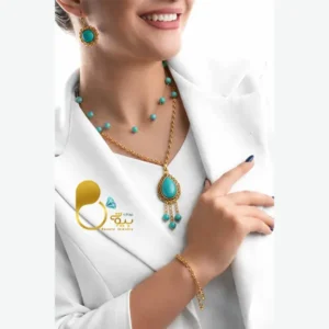 ست طرح فیروزه 💎گردنبند دوبل مرواریدی فیروزه ای رنگ با دستبند شیک