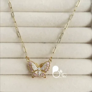 گردنبند پروانه با نگین صورتی با تخفیف💎رنگ زیبا و خاص