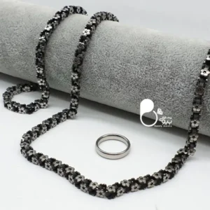 ست گردنبند و دستبند و انگشتر طرح طلا💎زنجیر بافته شده از گل نقره ای و مشکی