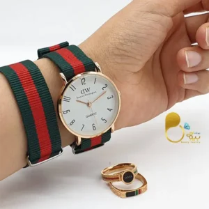 ست ساعت اسپرت با انگشتر دوبل GUCCI💎 با تخفیف آبکاری طلا، سبز و قرمز