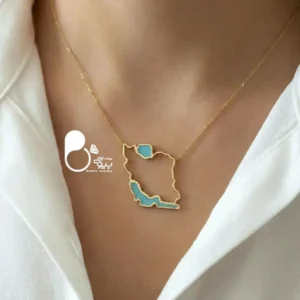 گردنبند «ایرانِ من ۲» | پلاک نقشه ایران میناکاری با دریاهای آبی، روکش طلا