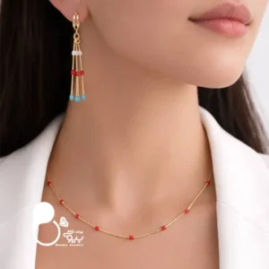 ست گوشواره آبشاری و گردنبند دوریکا سرخ | ژوپینگ | کپی طلا | خاص و رنگی