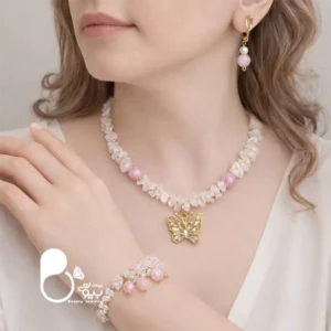 ست طرح سنگ رز کوارتز با آویز پروانه تخفیف ویژه💎سنگ اصل
