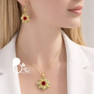 نیم ست طرح گل نگین اتریشی قرمز و سبز کپی طلا💎 کیفیت عالی