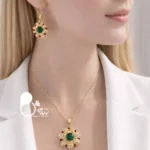 نیم ست طرح گل نگین اتریشی سبز و قرمز کپی طلا💎 کیفیت عالی
