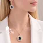 نیم ست طرح اسلیم نگین اتریشی سورمه ای با نگین‌های میکرو💎کپی طلا