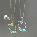خرید گردنبند نقشه ایران با دریای آبی مینا کاری شده استیل رنگ ثابت کپی طلا
