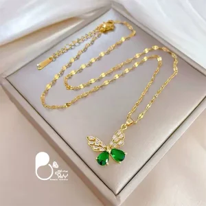 قیمت و خرید گردنبند پروانه زمردی استیل طلایی💎طراحی شیک با زنجیر دیسکو