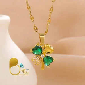 گردنبند شبدر زمردی💎فروشگاه زیورآلات بیوتی