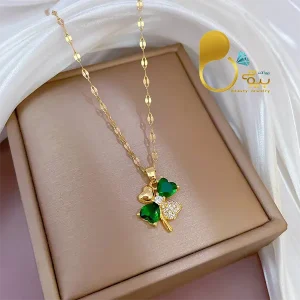 گردنبند شبدر زمردی💎فروشگاه زیورآلات بیوتی