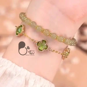 دستبند شبدر کریستالی دو رنگ 💎سنگ طبیعی اونتورین با روکش طلا