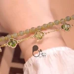 دستبند شبدر کریستالی دو رنگ 💎سنگ طبیعی اونتورین با روکش طلا