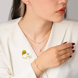 قیمت و خرید ست کامل مرواریدی آویز اسپرت💎گردنبند دولاین قلب طلایی با گوشواره و دستبند ست مروارید رنگ ثابت کپی طلا