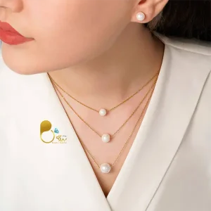 قیمت وخرید نیم ست مرواریدی سه لایه استیل رنگ ثابت کپی طلا نیمست ۳ لاین مرواریدی💎گردنبند تک‌مروارید و گوشواره میخی ظریف
