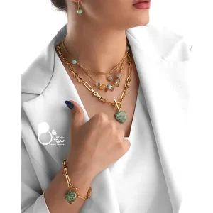 قیمت و خرید سرویس سنگ آمازونیت طبیعی💎استیل روکش طلا با قفل T💎آرامش‌بخش و انرژی‌زا