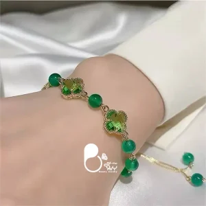 قیمت و خرید دستبند شبدر کریستالی سنگ آونتورین ترک💎فروشگاه زیورآلات بیوتی