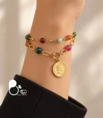 دستبند زنانه سکه ای دو لاین عقیق رنگی