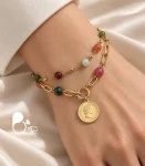 دستبند زنانه سکه ای دو لاین عقیق رنگی