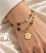 دستبند زنانه سکه ای دو لاین عقیق رنگی