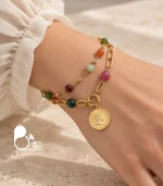 دستبند زنانه سکه ای دو لاین عقیق رنگی