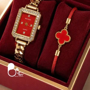 ست ساعت زنانه بند کارتیر و دستبند ونکلیف صفحه قرمز
