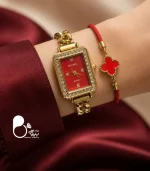ست ساعت زنانه بند کارتیر و دستبند ونکلیف صفحه قرمز