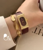 ست ساعت زنانه بولون چری چرمی و دستبند اسپرت