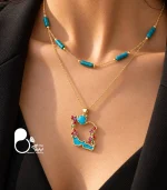 گردنبند زنانه ایران بزرگ دو لاین طلایی با فیروزه طبیعی