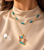 گردنبند زنانه ایران بزرگ دو لاین طلایی با فیروزه طبیعی