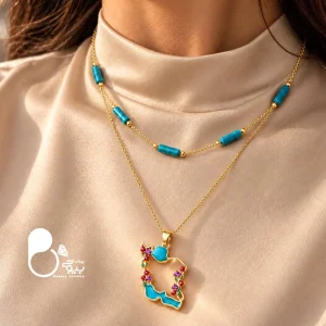 گردنبند زنانه ایران بزرگ دو لاین طلایی با فیروزه طبیعی