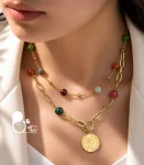 گردنبند زنانه دولاین سکه ای با سنگ عقیق